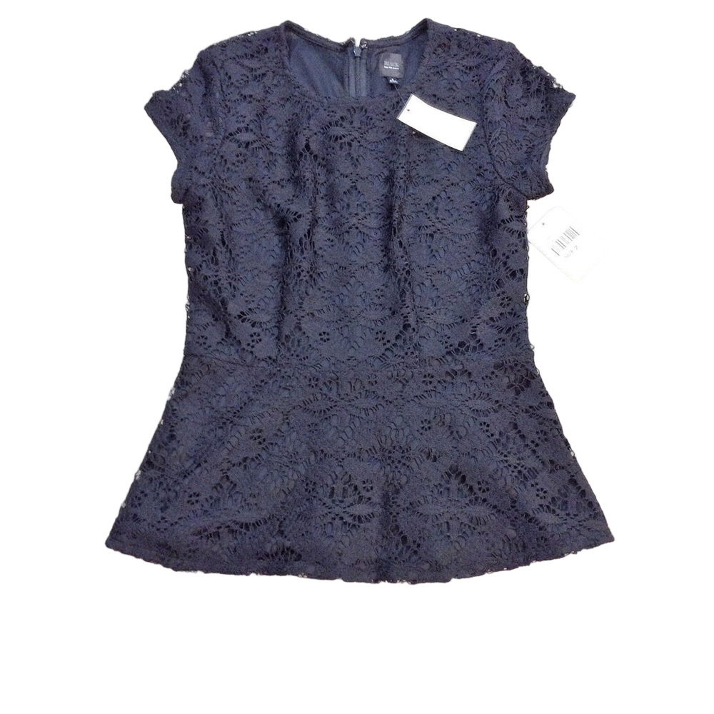 NWT Saks Fifth Avenue Peplum Top Women's Sz 2 Black Label Black Crochet Lace
